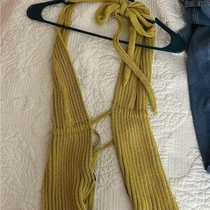 Mustard Knit Halter Top with Tie Back